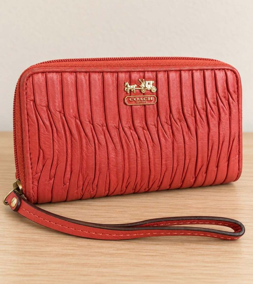 Coach Red Gathered Leather Accordion Zip Around Wallet With Wrist Strap